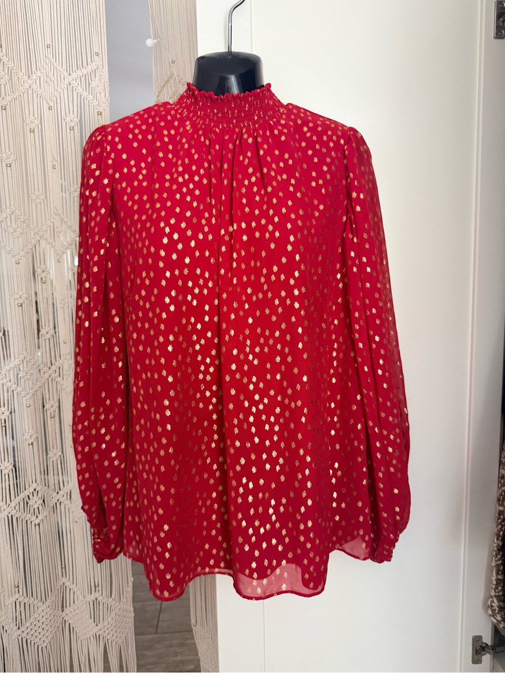MSK Red Blouse with Gold Metallic Dot Pattern/ gold clutch( Jessica Simpson)